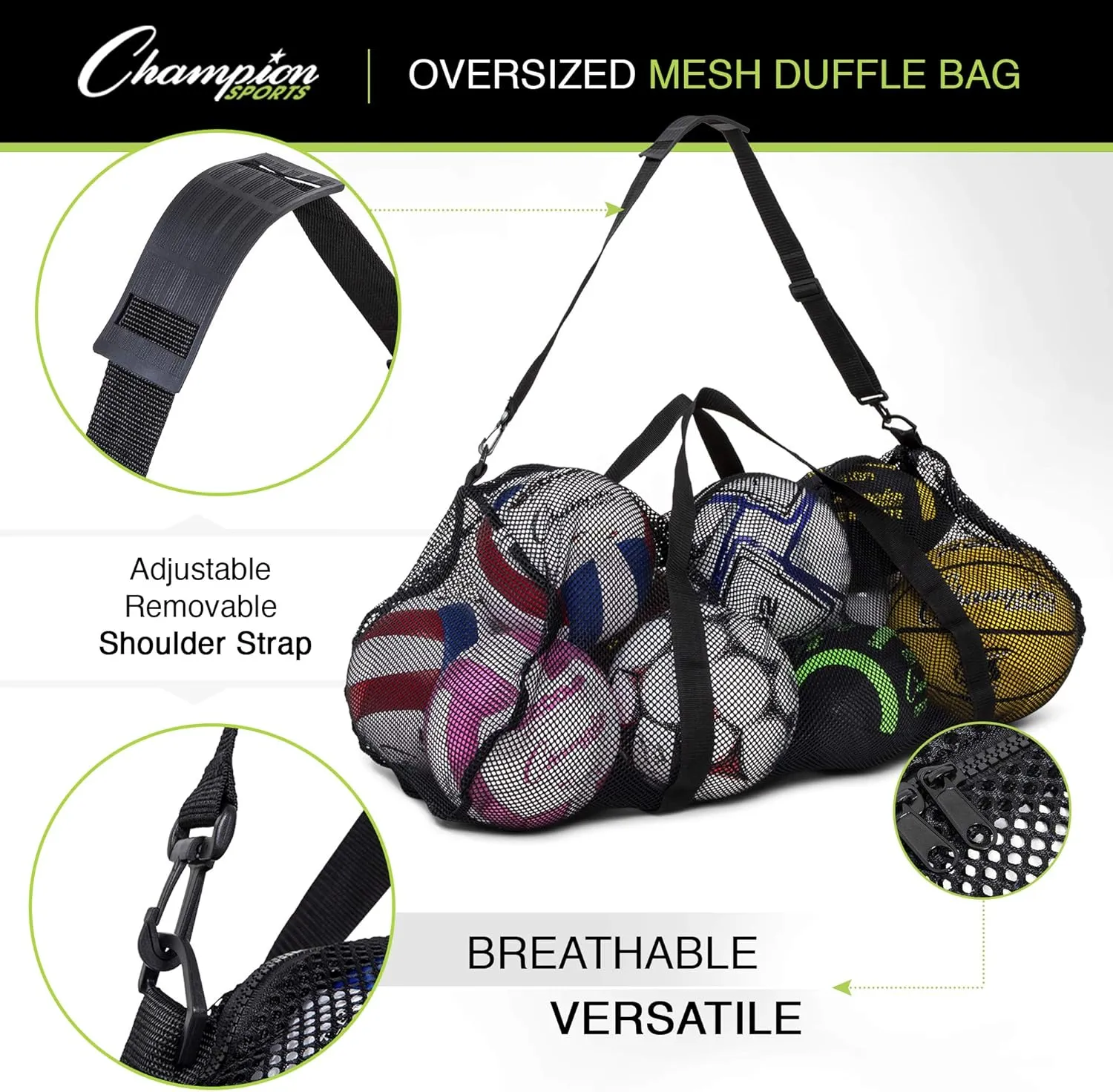 Champion Sports Mesh Duffle Bag with Zipper and Adjustable Shoulder Strap, 15 x 36 - Multipurpose, Oversized Gym Bag for Equipment, Sports Gear, Laundry - Breathable Mesh Scuba and Travel Bag