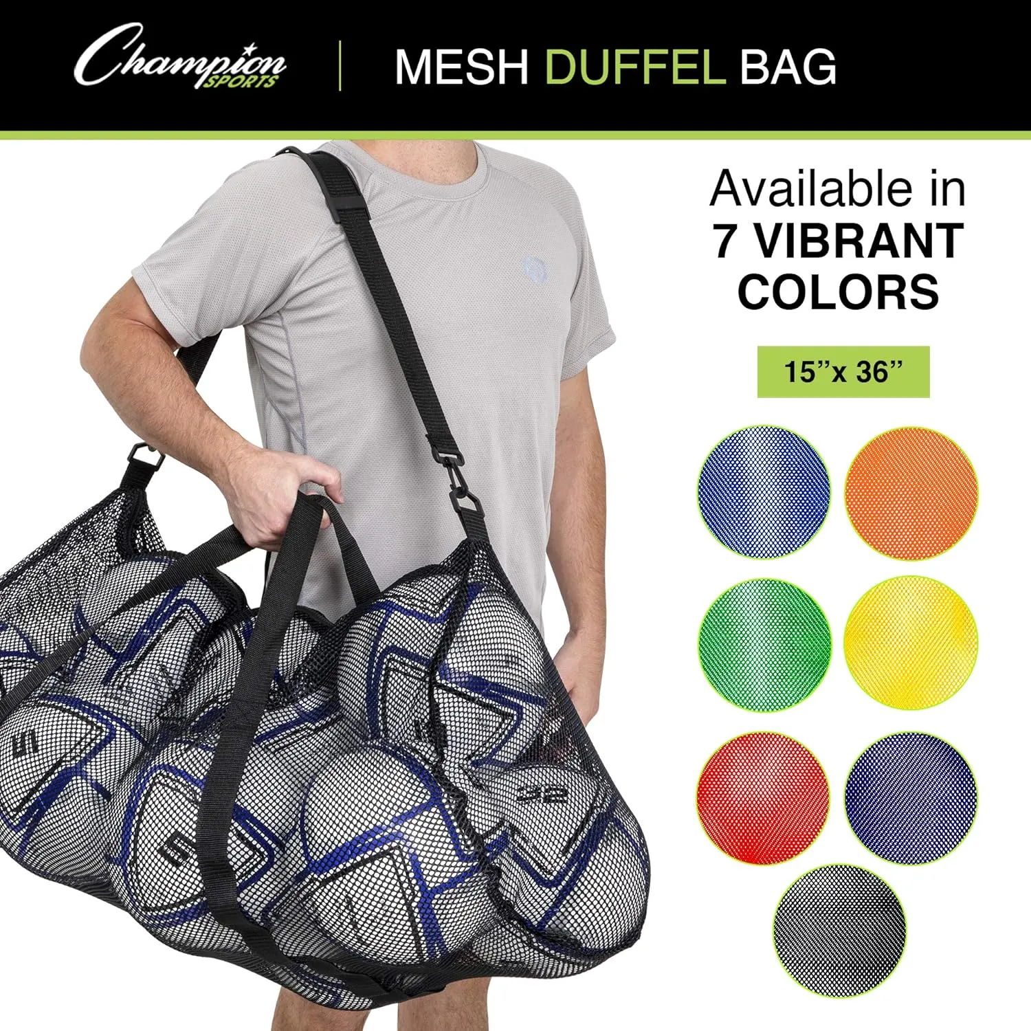 Champion Sports Mesh Duffle Bag with Zipper and Adjustable Shoulder Strap, 15 x 36 - Multipurpose, Oversized Gym Bag for Equipment, Sports Gear, Laundry - Breathable Mesh Scuba and Travel Bag
