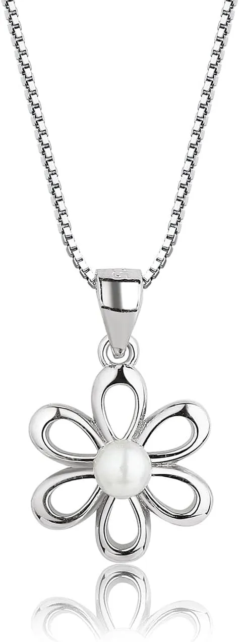 Cherished Moments Girl's Sterling Silver Daisy Flower Necklace with High-End Pearl Accent for Flower Girls 14"