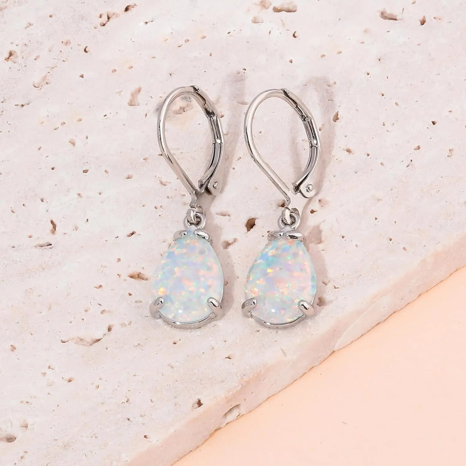 CiNily Teardrop Leverback Dangle Earrings for Women Hypoallergenic Created Fire Opal Pendant Drop Earrings 14K White/Rose/Gold Hanging Lever Earrings Fashion Graduation Party Jewelry Gifts