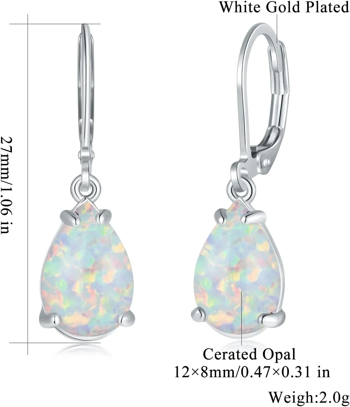 CiNily Teardrop Leverback Dangle Earrings for Women Hypoallergenic Created Fire Opal Pendant Drop Earrings 14K White/Rose/Gold Hanging Lever Earrings Fashion Graduation Party Jewelry Gifts