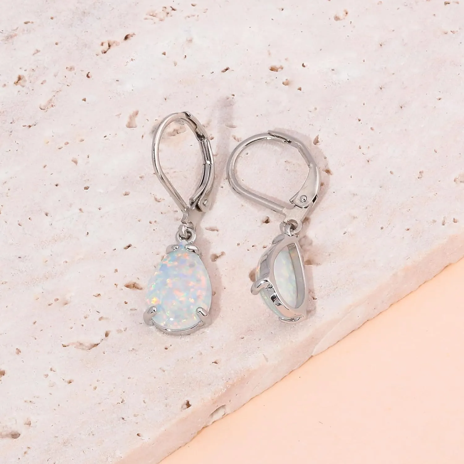 CiNily Teardrop Leverback Dangle Earrings for Women Hypoallergenic Created Fire Opal Pendant Drop Earrings 14K White/Rose/Gold Hanging Lever Earrings Fashion Graduation Party Jewelry Gifts
