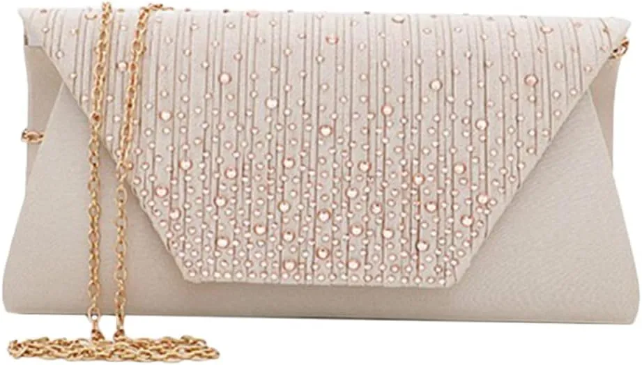 Classic Rhinestone Evening Clutch Purse Apricot Satin Handbag with Magnetic Snap for Weddings Parties and Prom Fashionable Chain Bag for Women