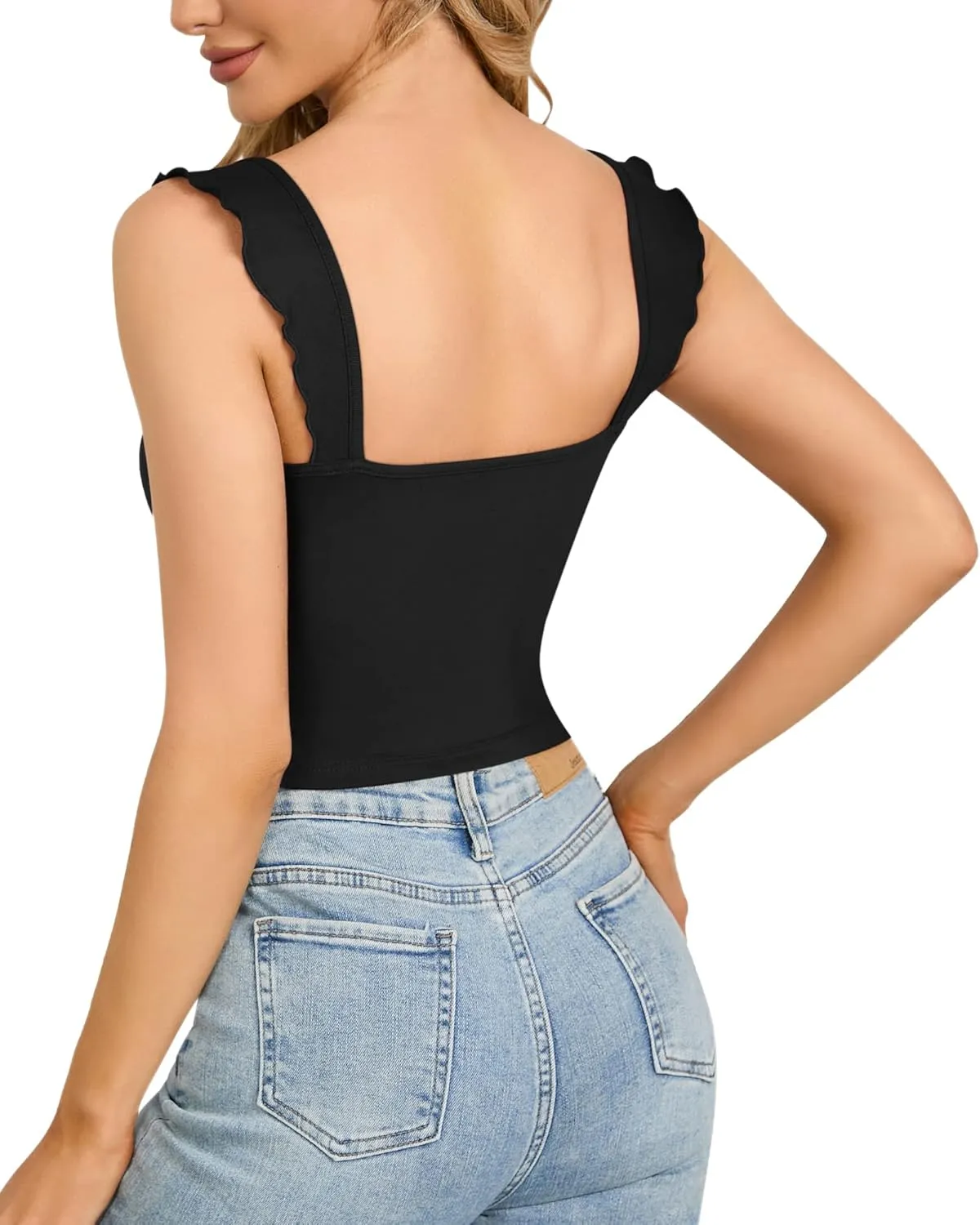 CLOZOZ Cute Crop Tops for Women Tank Tops Ribbed Ruffle Strap Square Neck Womens Trendy Going Out Preppy Tops