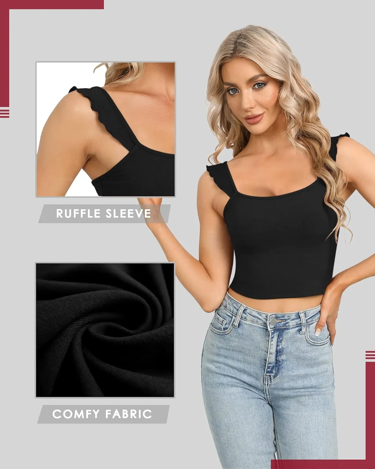 CLOZOZ Cute Crop Tops for Women Tank Tops Ribbed Ruffle Strap Square Neck Womens Trendy Going Out Preppy Tops