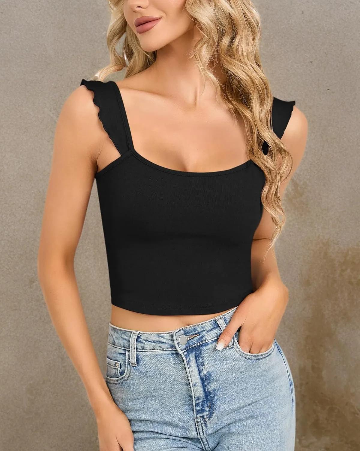 CLOZOZ Cute Crop Tops for Women Tank Tops Ribbed Ruffle Strap Square Neck Womens Trendy Going Out Preppy Tops