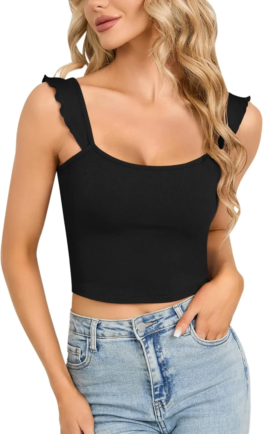 CLOZOZ Cute Crop Tops for Women Tank Tops Ribbed Ruffle Strap Square Neck Womens Trendy Going Out Preppy Tops