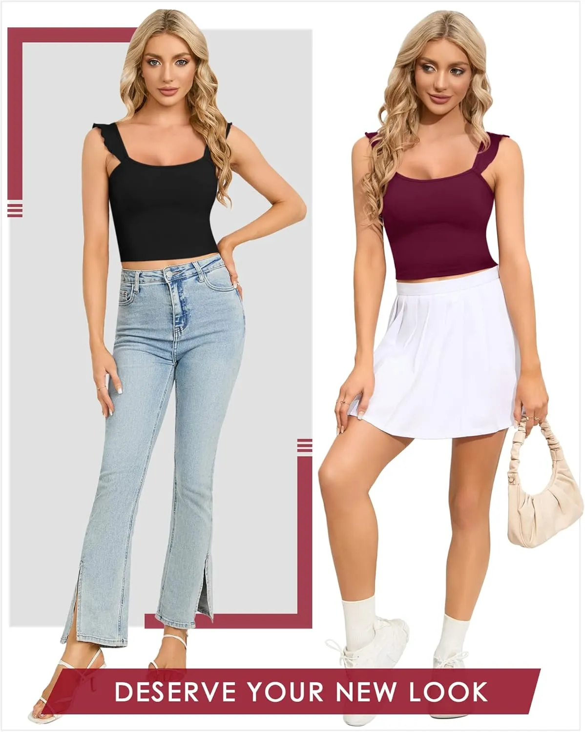 CLOZOZ Cute Crop Tops for Women Tank Tops Ribbed Ruffle Strap Square Neck Womens Trendy Going Out Preppy Tops