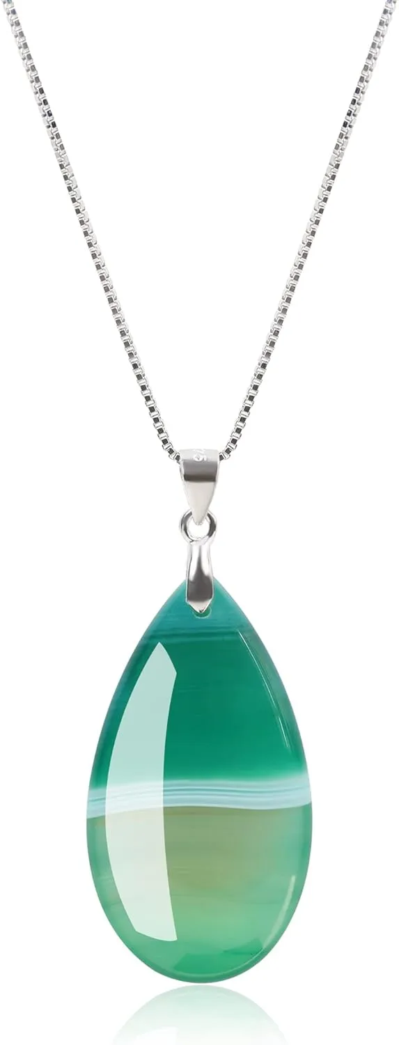 COAI Women's Silver Chain Necklace Teardrop Pendant Green Agate Crystal Necklace for Women