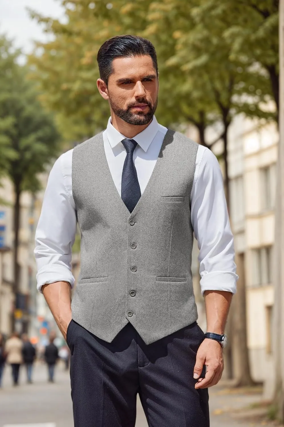 COOFANDY Men's Herringbone Tweed Suit Vests Slim Fit Waistcoat Casual Business Dress Vest