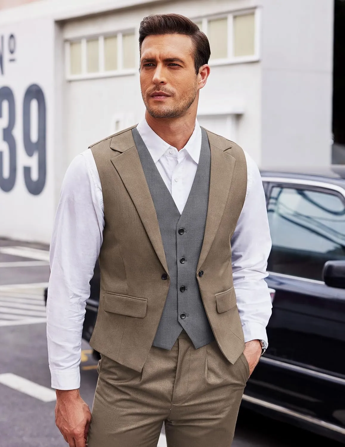 COOFANDY Men's Layered Suit Vest Business Dress Vests Formal Wedding Waistcoat Slim Fit