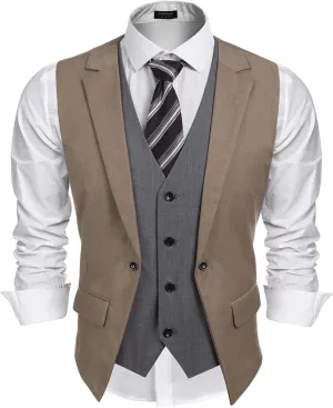 COOFANDY Men's Layered Suit Vest Business Dress Vests Formal Wedding Waistcoat Slim Fit
