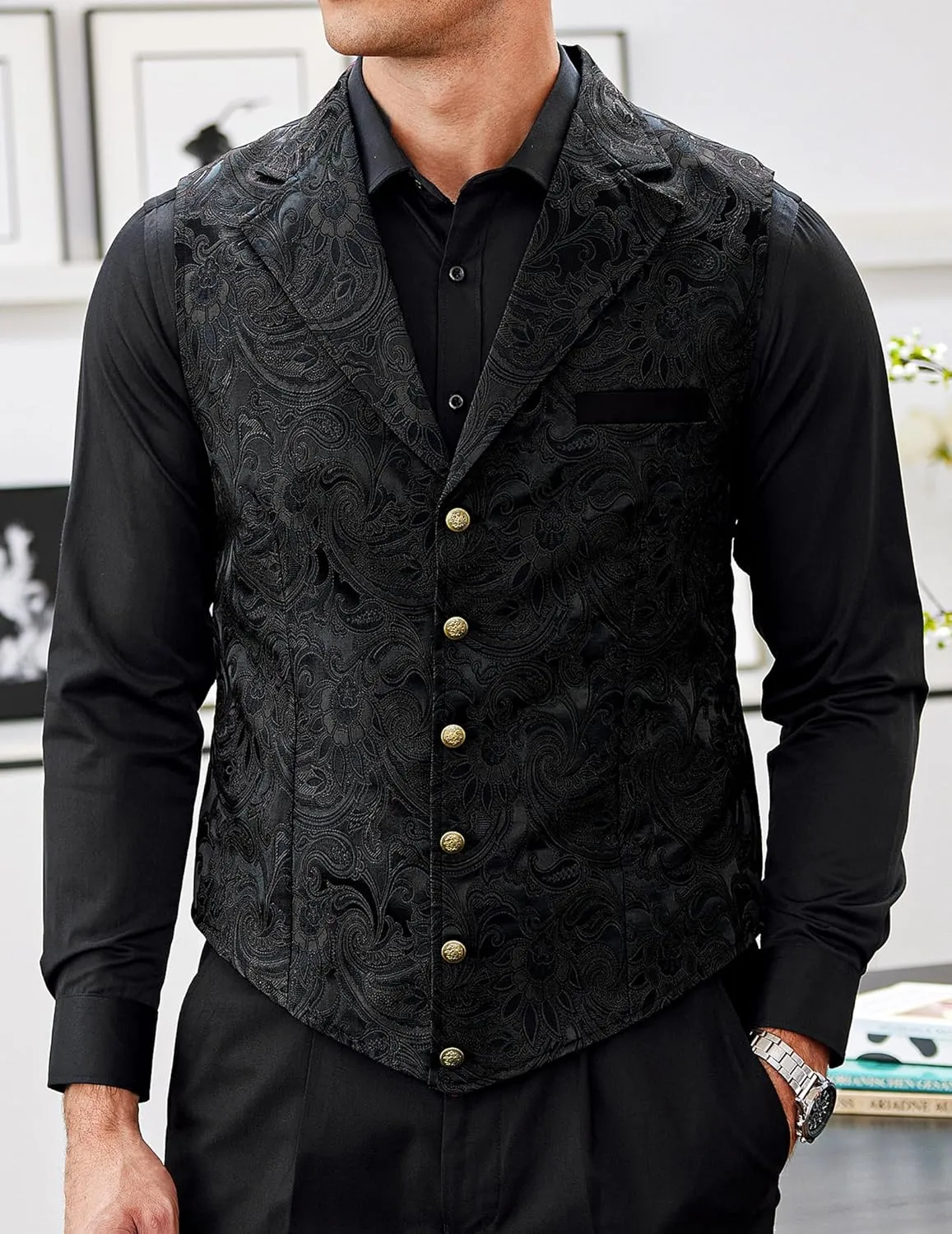 COOFANDY Mens Suit Vest Paisley Floral Victorian Vests Gothic Steampunk Formal Waistcoat Tuxedo Vests with Notched Lapels
