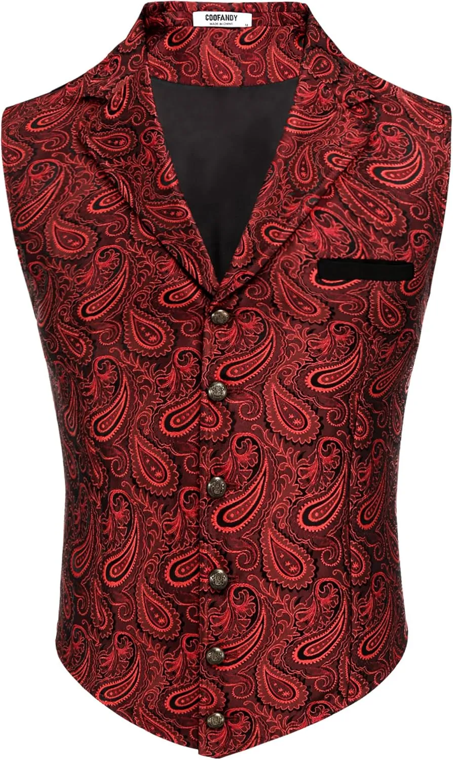COOFANDY Mens Suit Vest Paisley Floral Victorian Vests Gothic Steampunk Formal Waistcoat Tuxedo Vests with Notched Lapels