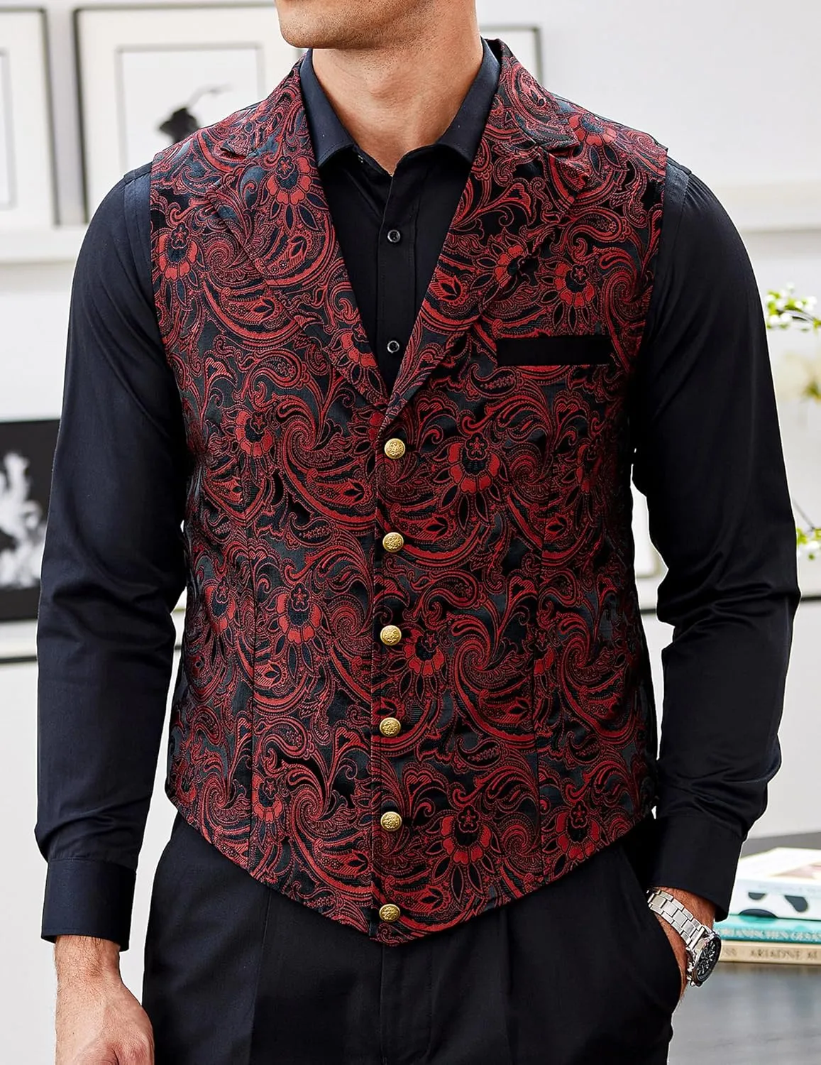COOFANDY Mens Suit Vest Paisley Floral Victorian Vests Gothic Steampunk Formal Waistcoat Tuxedo Vests with Notched Lapels