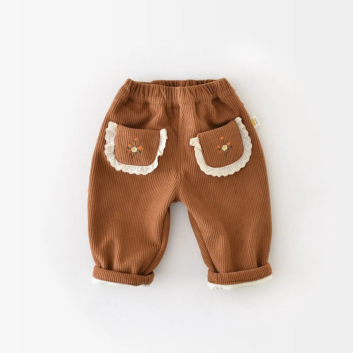 Corduroy Embroidered Flower Plush Pants