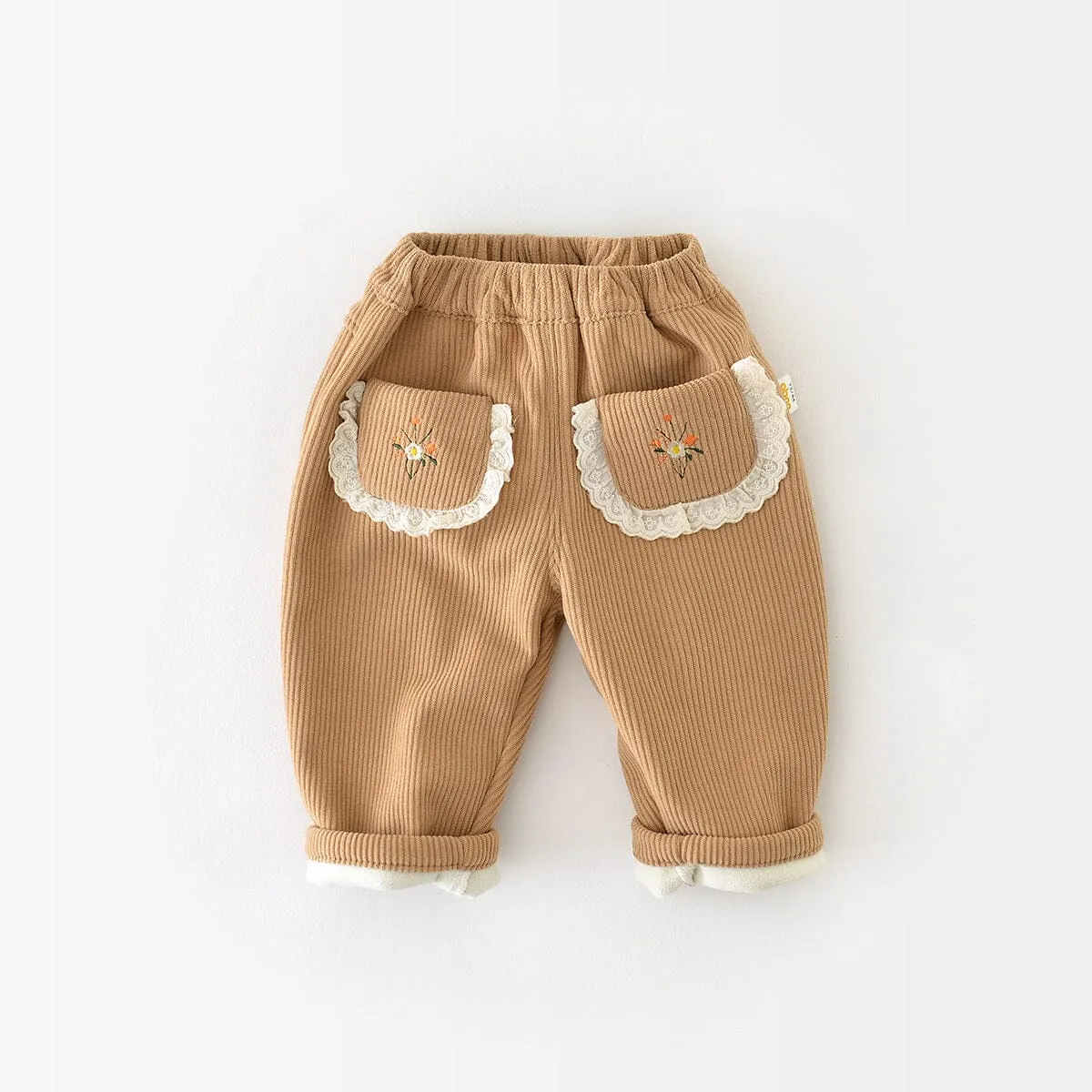 Corduroy Embroidered Flower Plush Pants