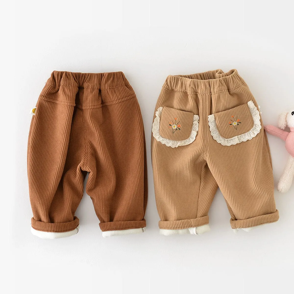 Corduroy Embroidered Flower Plush Pants