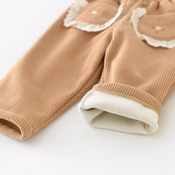 Corduroy Embroidered Flower Plush Pants