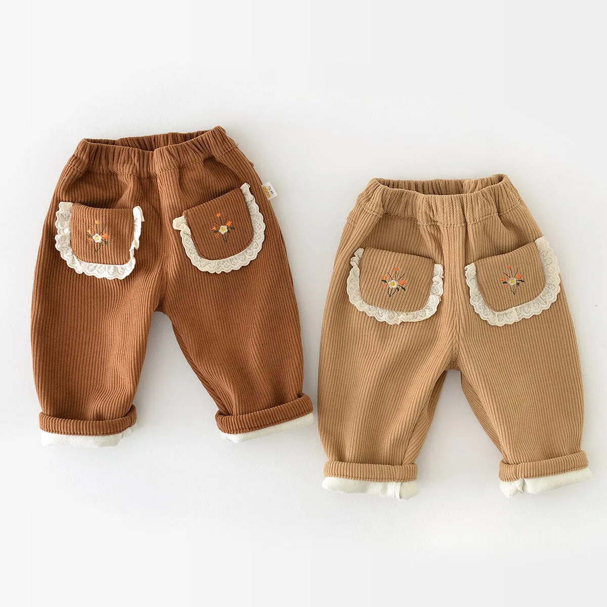 Corduroy Embroidered Flower Plush Pants