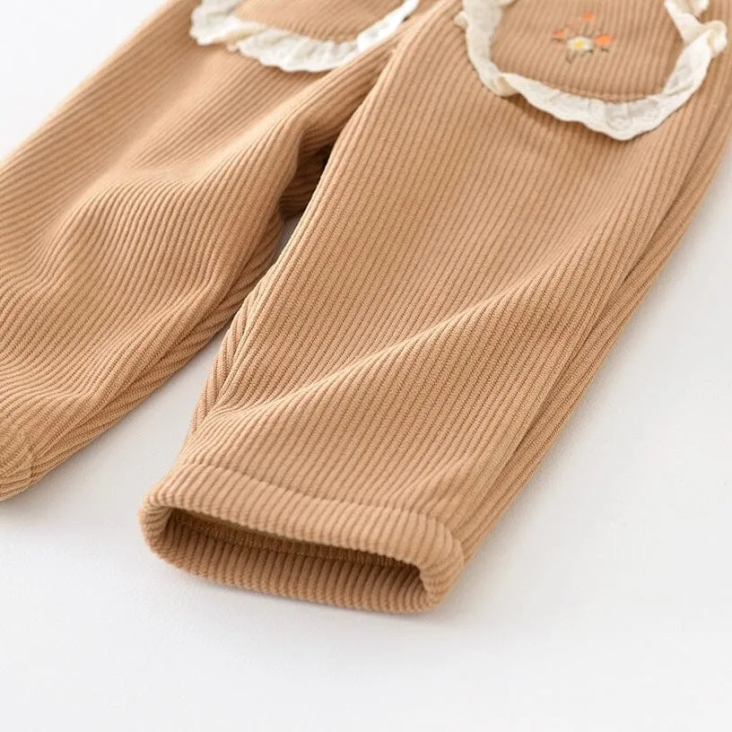 Corduroy Embroidered Flower Plush Pants