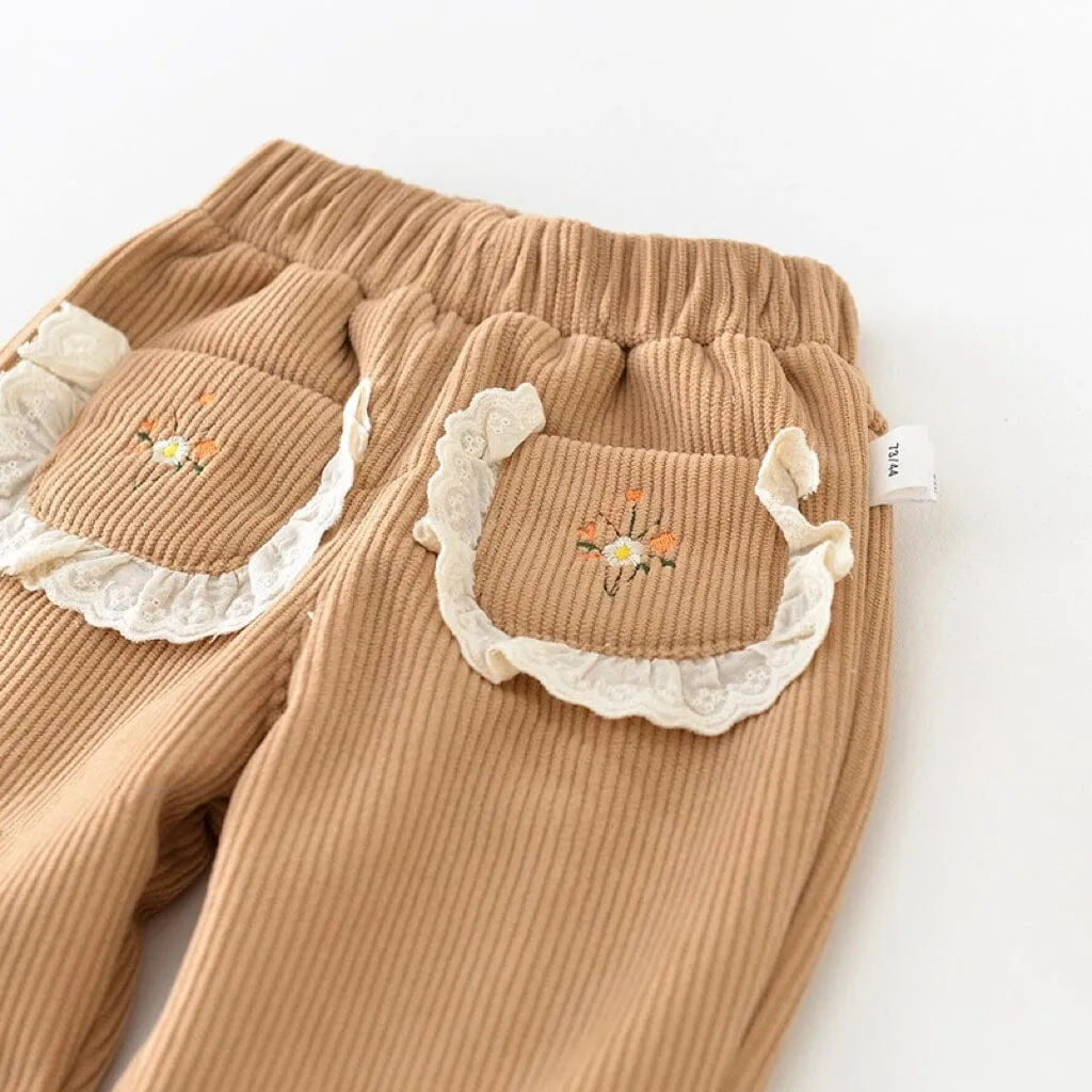 Corduroy Embroidered Flower Plush Pants