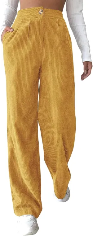Corduroy Pants for Women Vintage Elastic High Waist Straight Wide Leg Pants Fall Winter Casual Work Trouser Trendy 2024