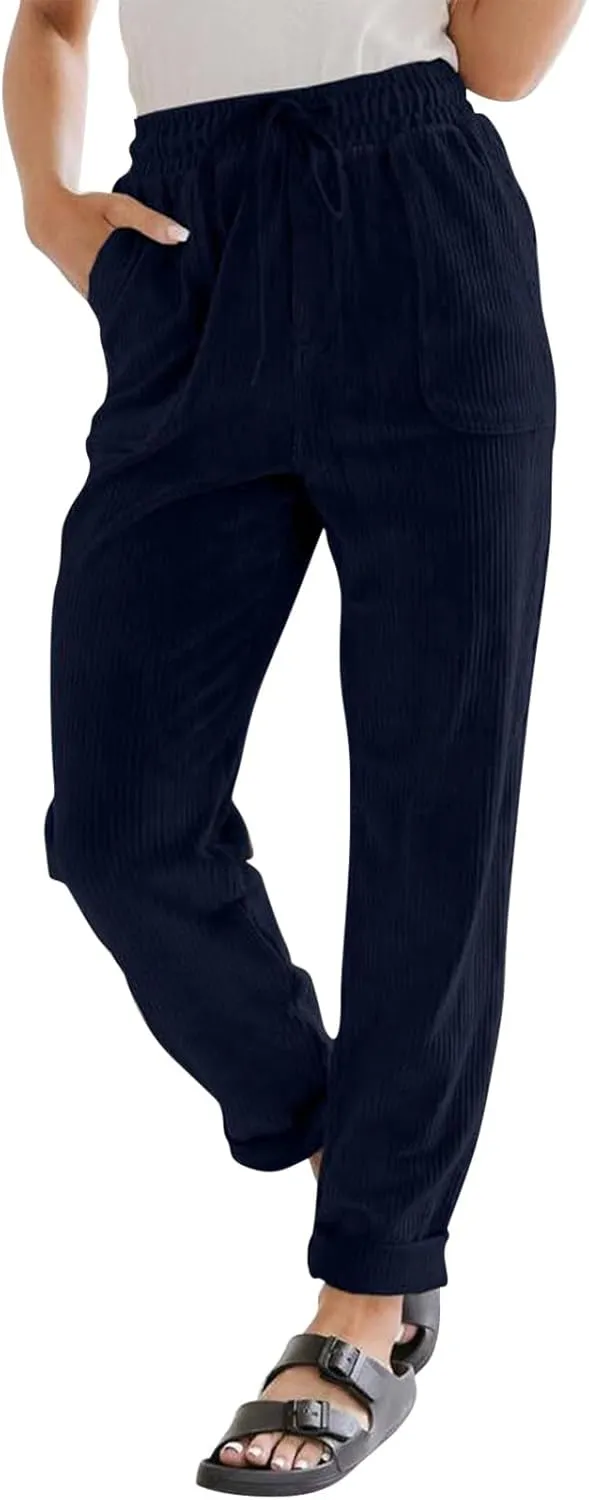 Corduroy Pants Women Elastic High Waist Loose Fit Straight Leg Pants Comfy Drawstring Work Pants Trousers w/Pockets