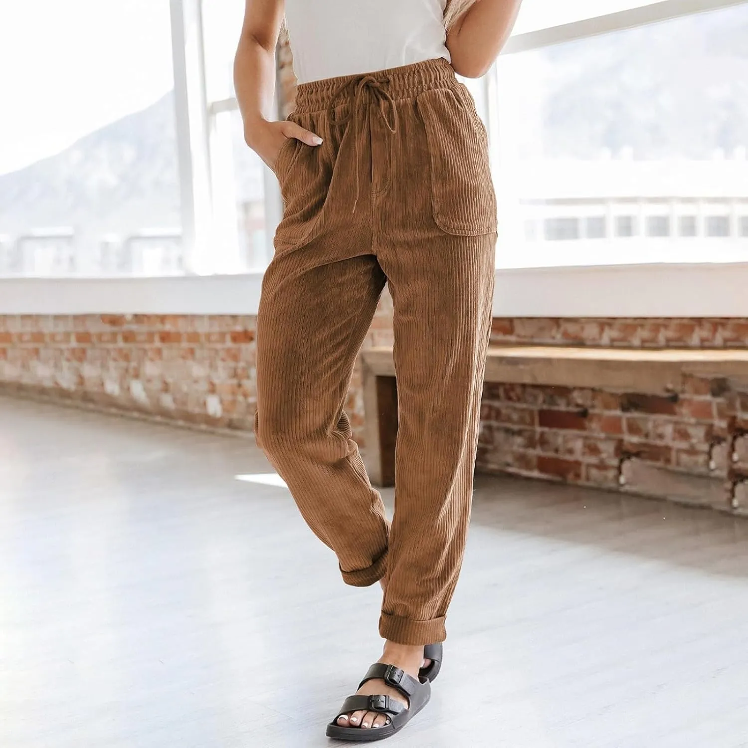 Corduroy Pants Women Elastic High Waist Loose Fit Straight Leg Pants Comfy Drawstring Work Pants Trousers w/Pockets