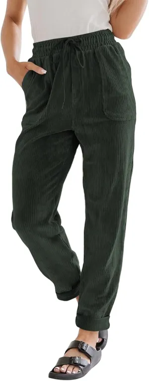 Corduroy Pants Women Elastic High Waist Loose Fit Straight Leg Pants Comfy Drawstring Work Pants Trousers w/Pockets