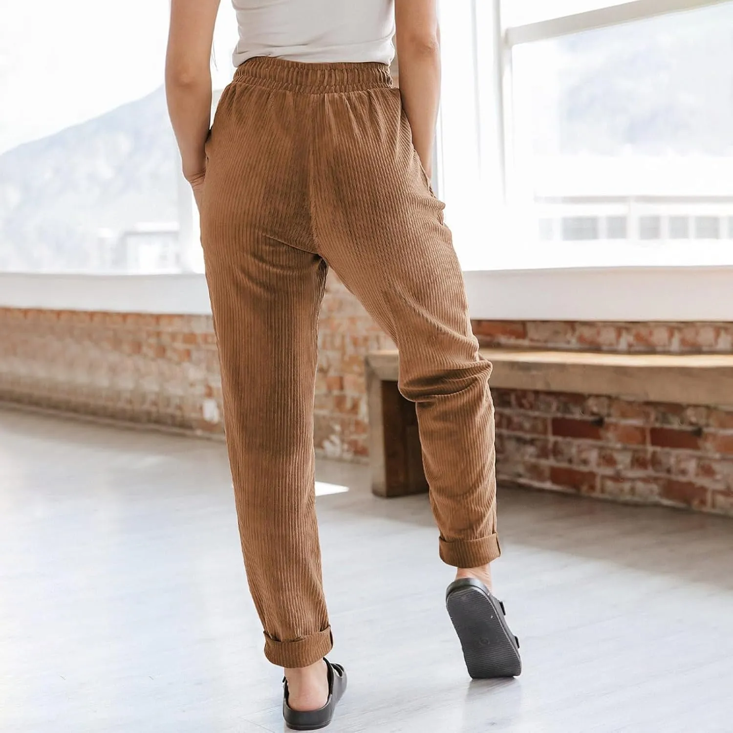 Corduroy Pants Women Elastic High Waist Loose Fit Straight Leg Pants Comfy Drawstring Work Pants Trousers w/Pockets