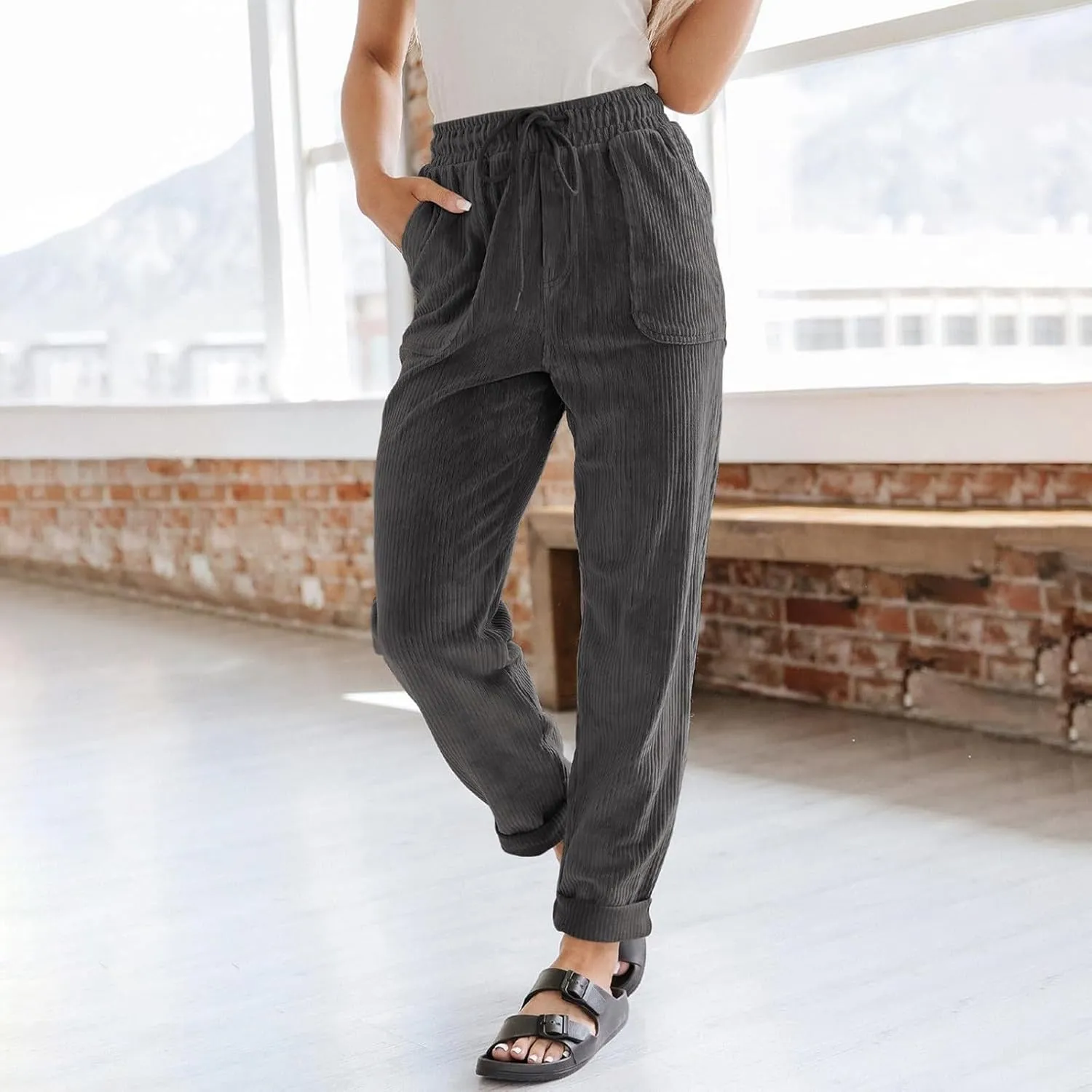 Corduroy Pants Women Elastic High Waist Loose Fit Straight Leg Pants Comfy Drawstring Work Pants Trousers w/Pockets