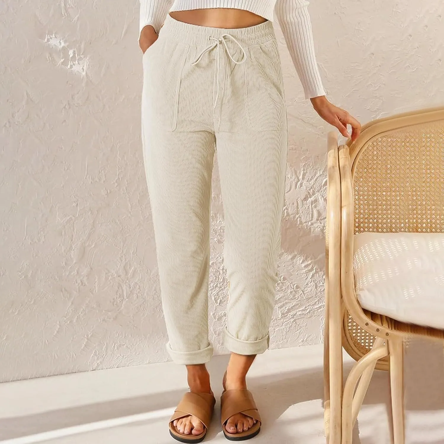 Corduroy Pants Women Elastic High Waist Loose Fit Straight Leg Pants Comfy Drawstring Work Pants Trousers w/Pockets