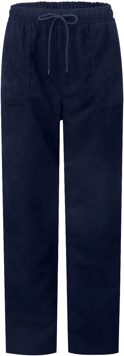 Corduroy Pants Women Elastic High Waist Loose Fit Straight Leg Pants Comfy Drawstring Work Pants Trousers w/Pockets