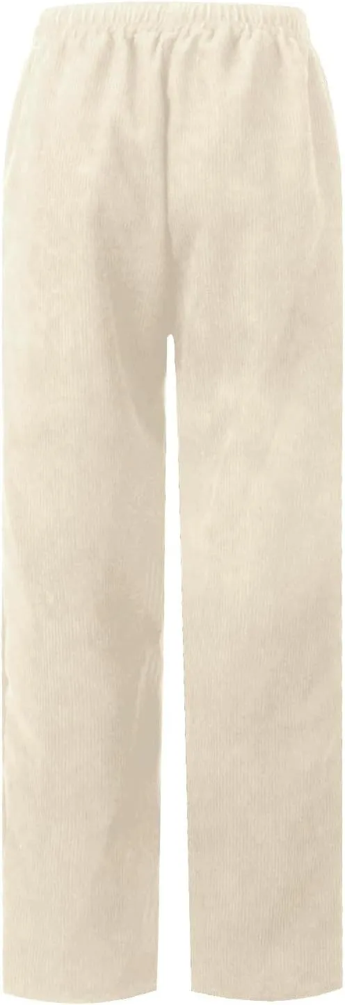 Corduroy Pants Women Elastic High Waist Loose Fit Straight Leg Pants Comfy Drawstring Work Pants Trousers w/Pockets