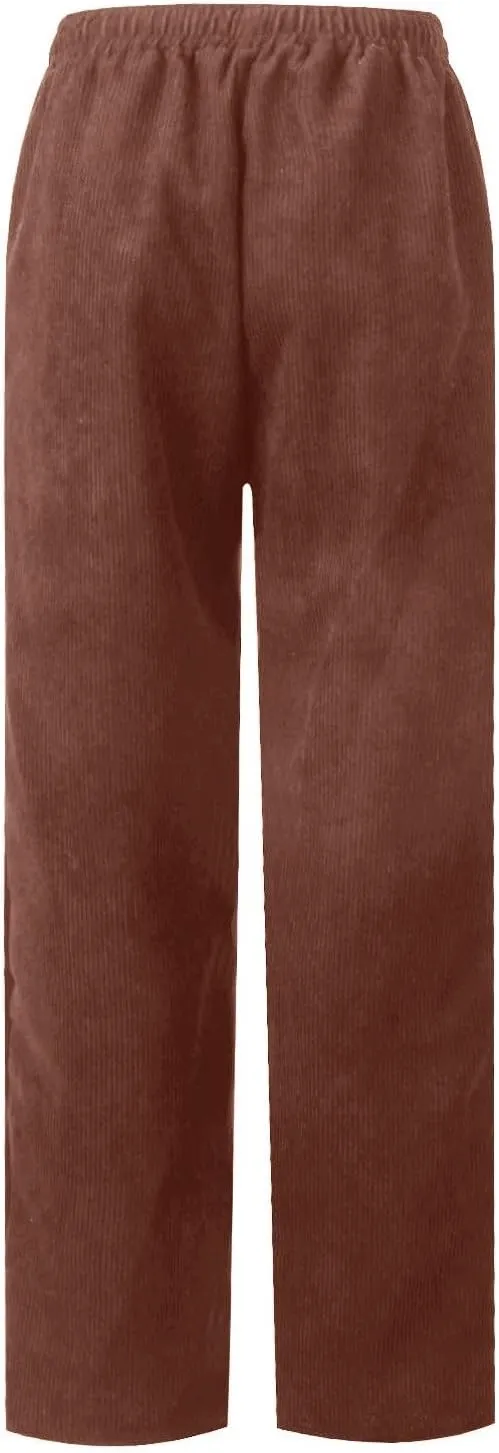 Corduroy Pants Women Elastic High Waist Loose Fit Straight Leg Pants Comfy Drawstring Work Pants Trousers w/Pockets