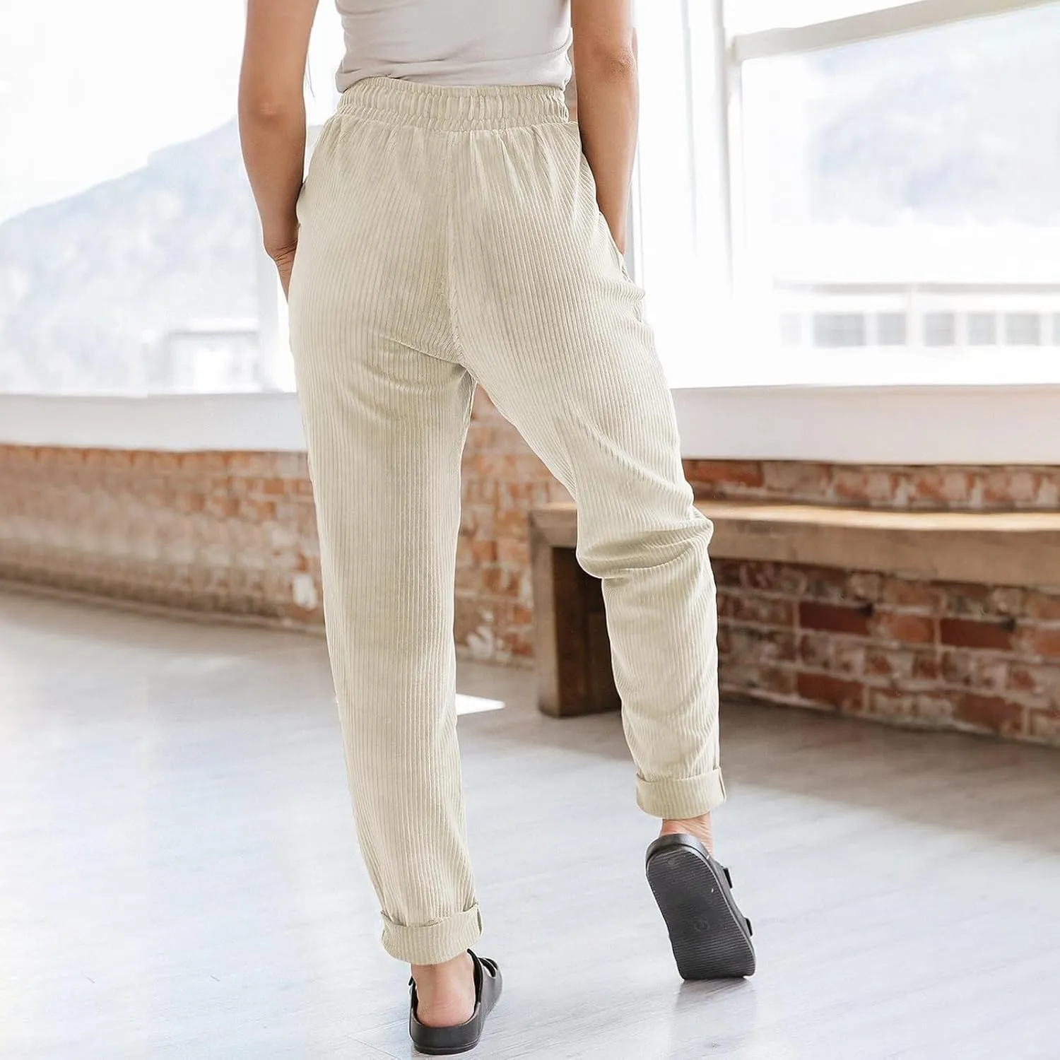 Corduroy Pants Women Elastic High Waist Loose Fit Straight Leg Pants Comfy Drawstring Work Pants Trousers w/Pockets