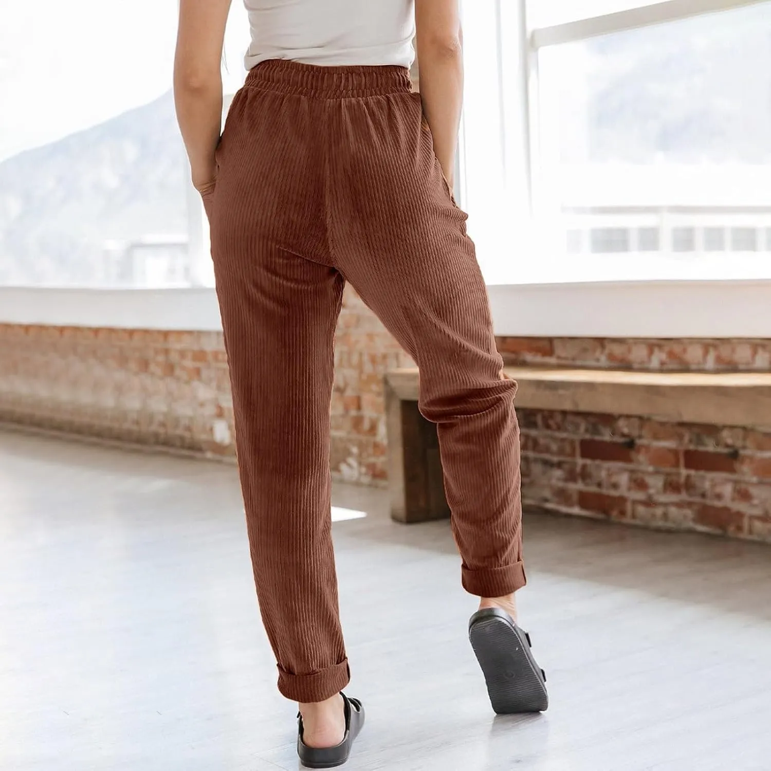 Corduroy Pants Women Elastic High Waist Loose Fit Straight Leg Pants Comfy Drawstring Work Pants Trousers w/Pockets