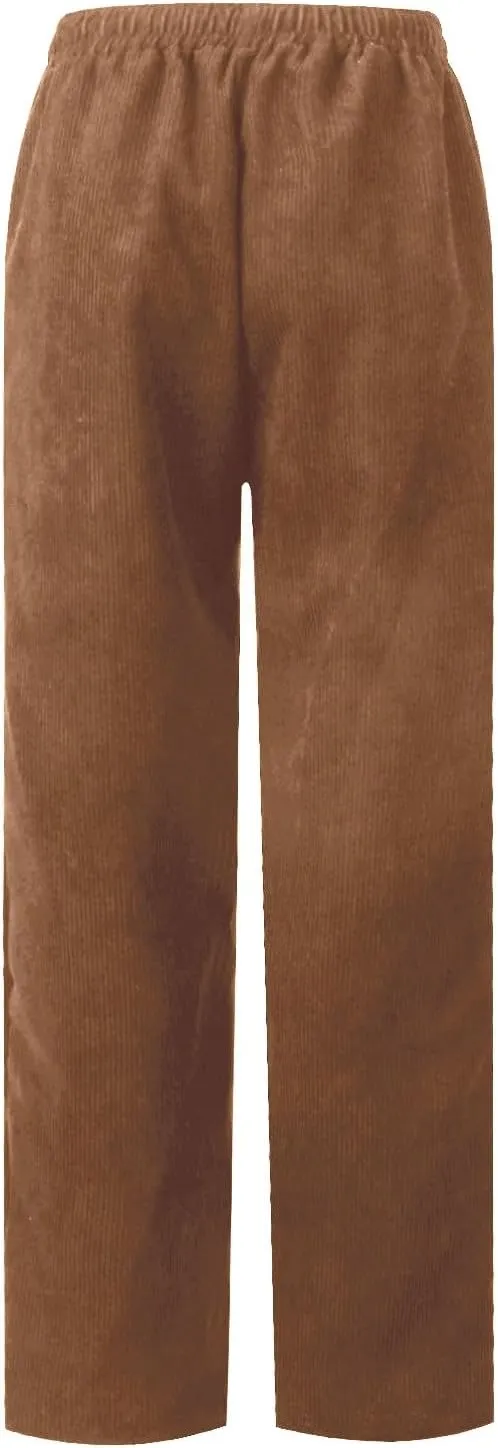 Corduroy Pants Women Elastic High Waist Loose Fit Straight Leg Pants Comfy Drawstring Work Pants Trousers w/Pockets