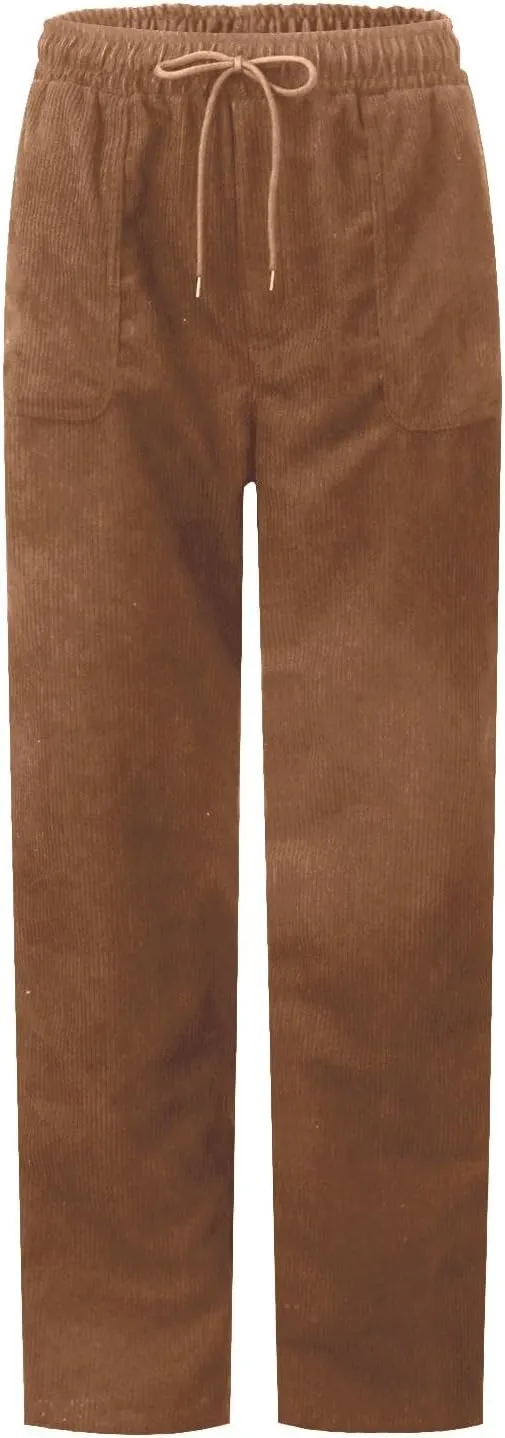 Corduroy Pants Women Elastic High Waist Loose Fit Straight Leg Pants Comfy Drawstring Work Pants Trousers w/Pockets