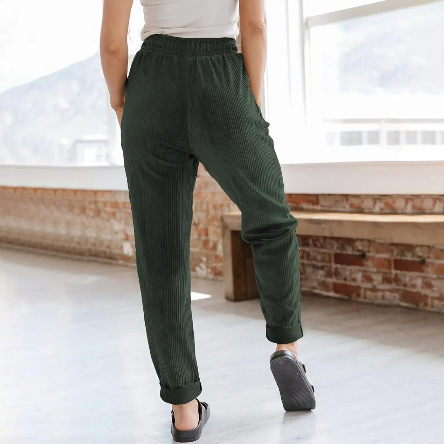 Corduroy Pants Women Elastic High Waist Loose Fit Straight Leg Pants Comfy Drawstring Work Pants Trousers w/Pockets