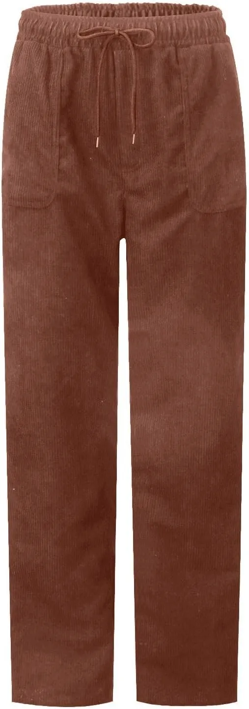 Corduroy Pants Women Elastic High Waist Loose Fit Straight Leg Pants Comfy Drawstring Work Pants Trousers w/Pockets