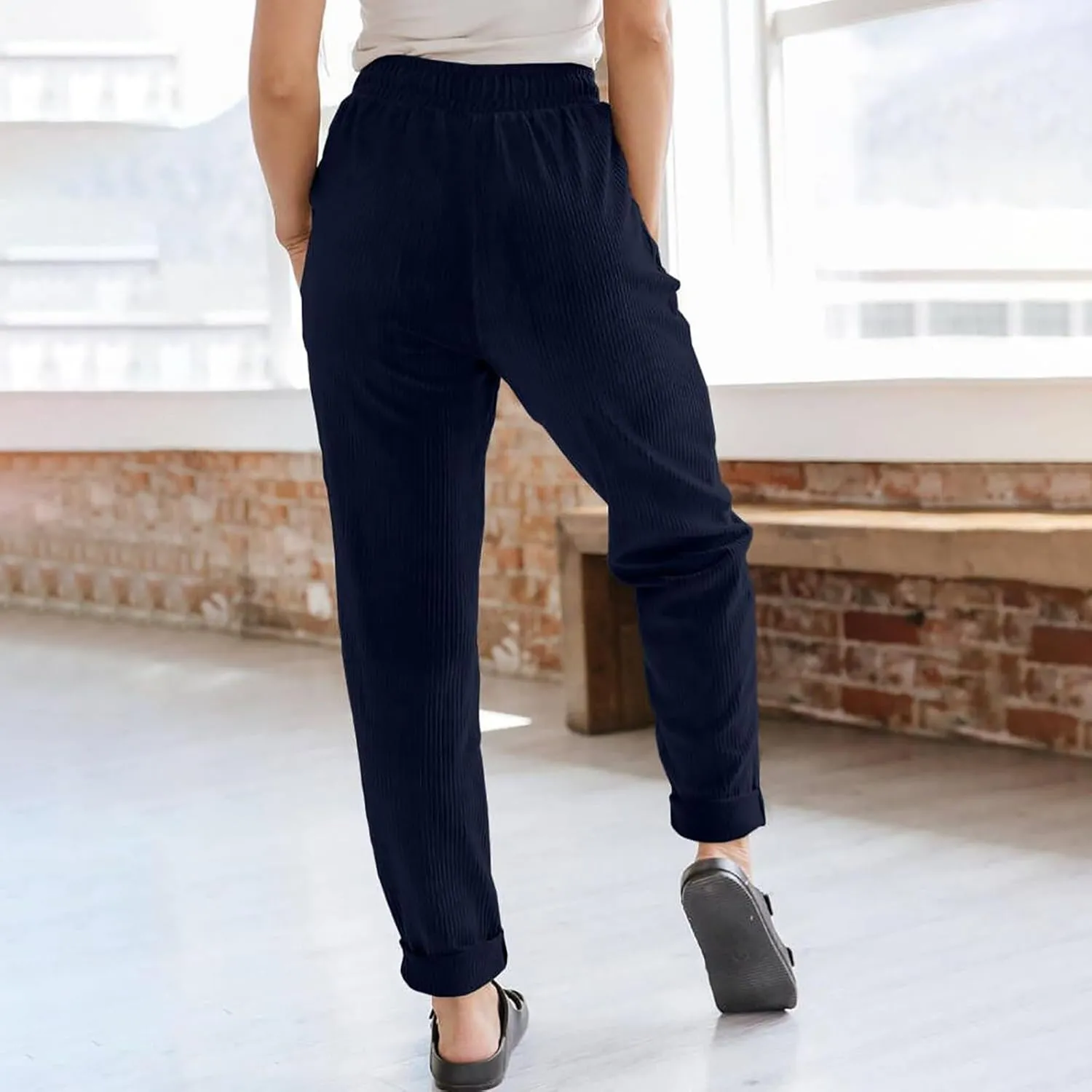 Corduroy Pants Women Elastic High Waist Loose Fit Straight Leg Pants Comfy Drawstring Work Pants Trousers w/Pockets