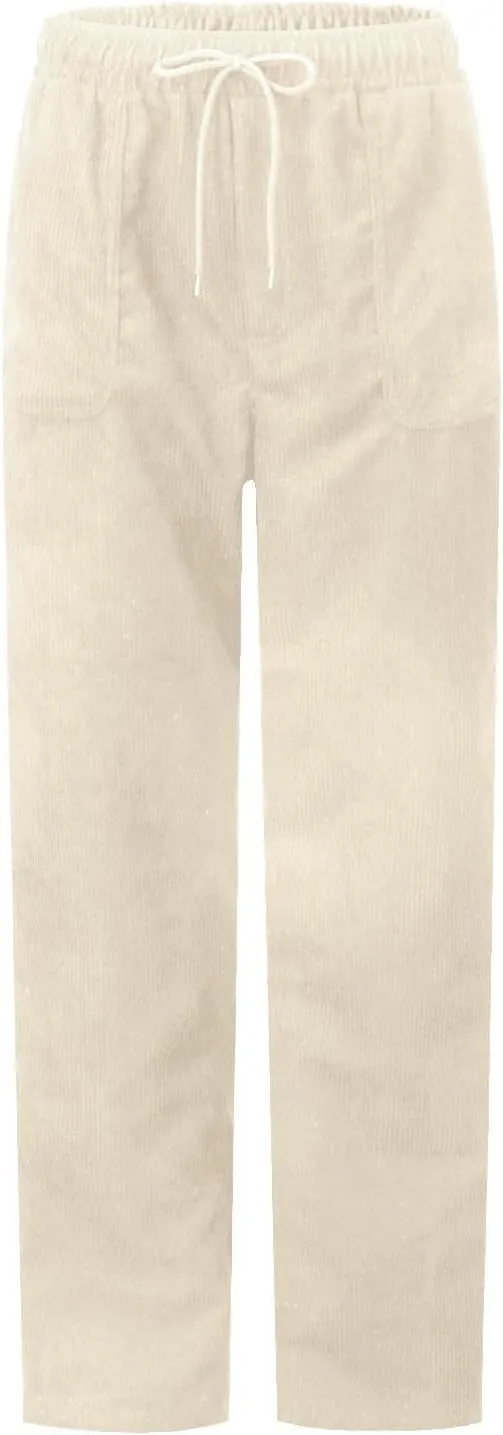 Corduroy Pants Women Elastic High Waist Loose Fit Straight Leg Pants Comfy Drawstring Work Pants Trousers w/Pockets
