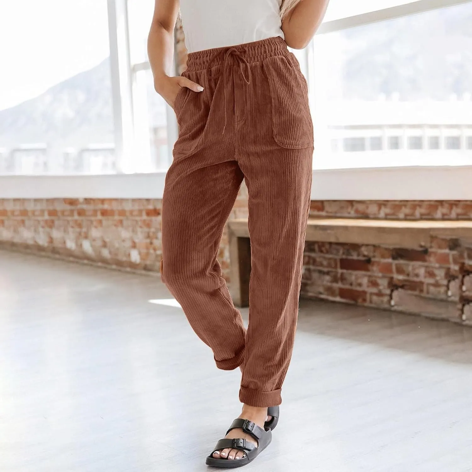 Corduroy Pants Women Elastic High Waist Loose Fit Straight Leg Pants Comfy Drawstring Work Pants Trousers w/Pockets