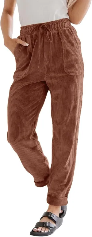 Corduroy Pants Women Elastic High Waist Loose Fit Straight Leg Pants Comfy Drawstring Work Pants Trousers w/Pockets