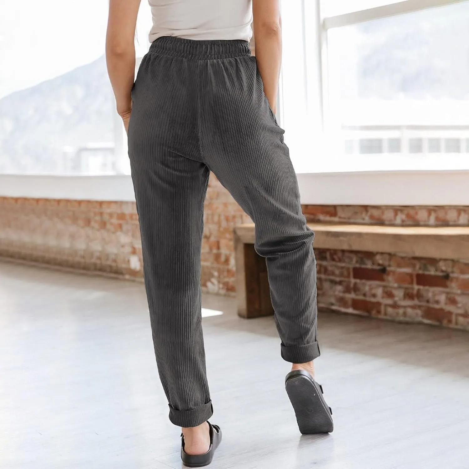 Corduroy Pants Women Elastic High Waist Loose Fit Straight Leg Pants Comfy Drawstring Work Pants Trousers w/Pockets