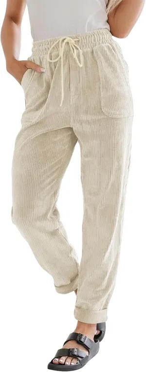 Corduroy Pants Women Elastic High Waist Loose Fit Straight Leg Pants Comfy Drawstring Work Pants Trousers w/Pockets