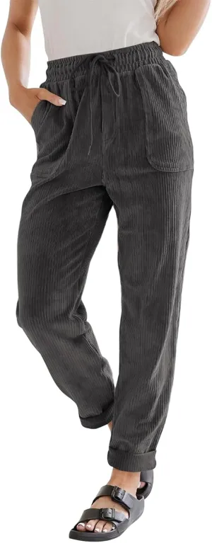 Corduroy Pants Women Elastic High Waist Loose Fit Straight Leg Pants Comfy Drawstring Work Pants Trousers w/Pockets