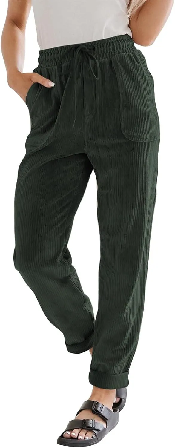 Corduroy Pants Women Elastic High Waist Loose Fit Straight Leg Pants Comfy Drawstring Work Pants Trousers w/Pockets